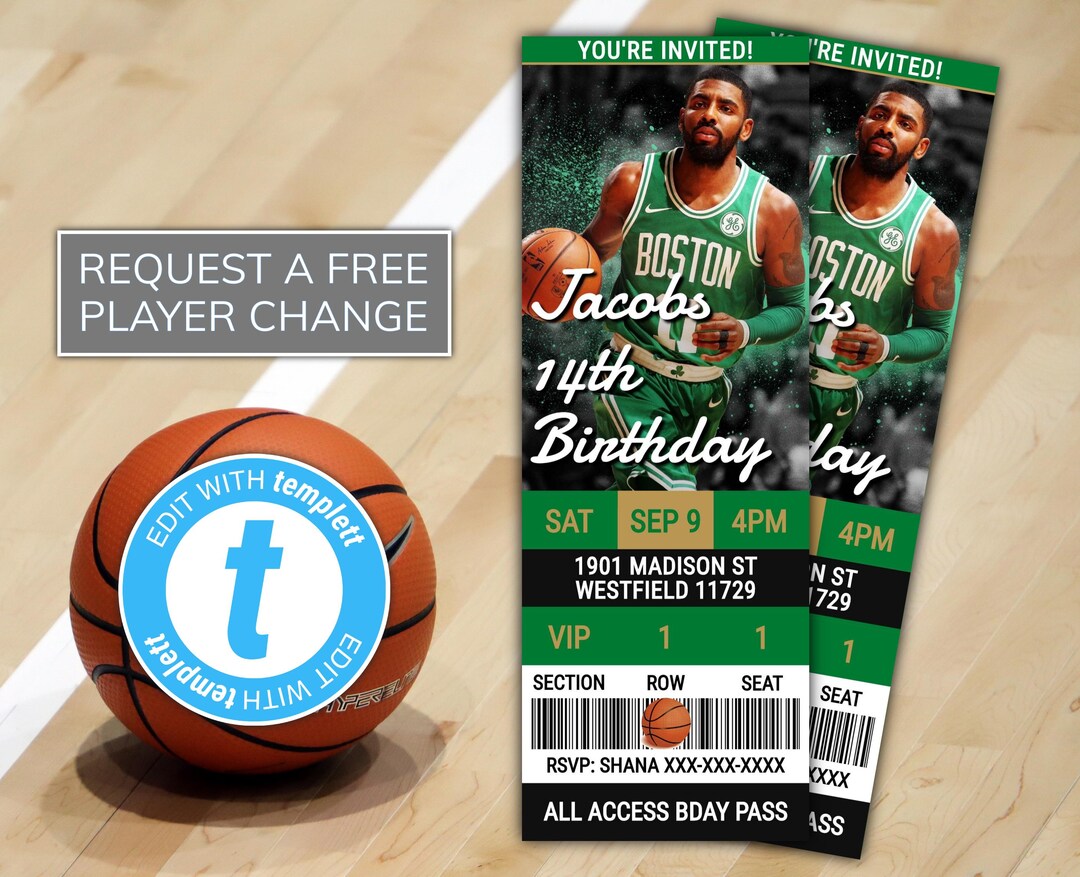 Boston Celtics Basketball Birthday Invitation, NBA Gift Ticket Template ...