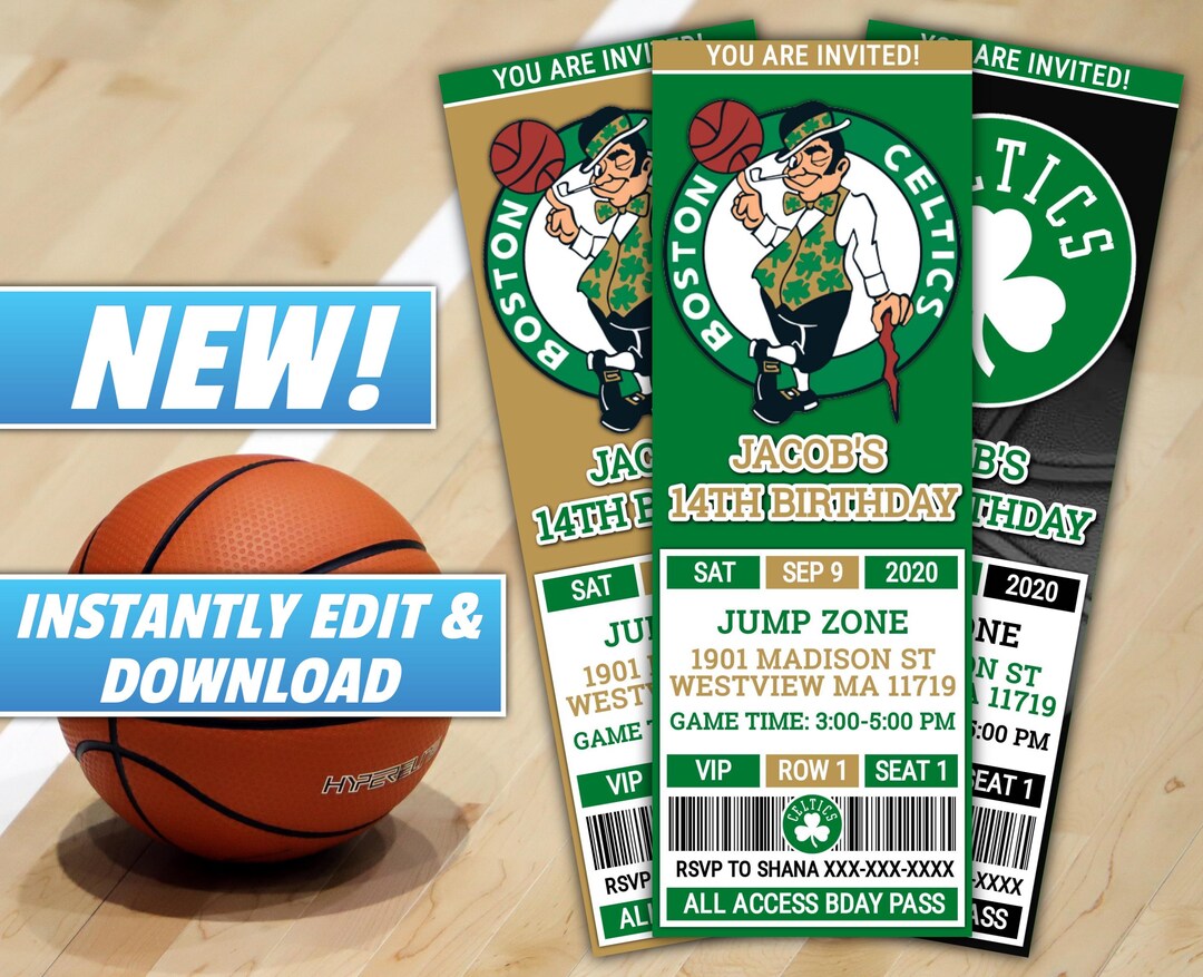 Boston Celtics Basketball Birthday Invitation, NBA Sports Ticket ...