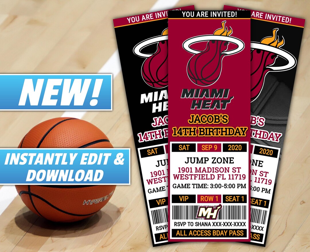 Miami Heat Basketball Birthday Invitation, NBA Sports Ticket Template