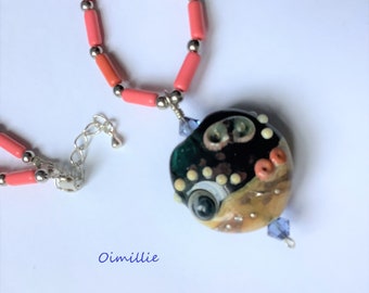 Lampwork glass  beach inspired bead on necklace with coral beads, lentil shape with sterling silver extender and wires. UK Oimillie SRA