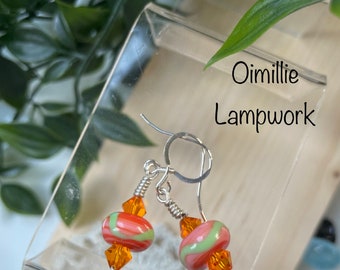 Lampwork glass Earrings, orange & green earrings, silver earrings, 925 silver, glass earrings, Oimillie earrings, Swarovski SRA MTO