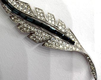 Vintage 1980's Attwood & Sawyer AandS Sapphire and Crystal Pave Feather Brooch Pin