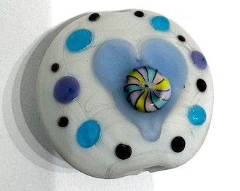 30mm Grey Matt Etched Lentil Focal Glass Bead – Handmade Lampwork Raised Heart Murrini Artisan Bead with 3mm Vertical Hole