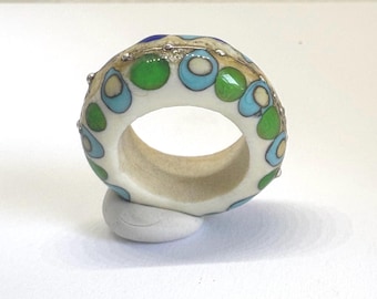 Handmade Lampwork Glass Bead, OOAK Wide Hole Focal Bead 30x20mm, Artisan Blue and Ivory Collectible Bead for Jewellery Design