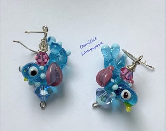 Blue bird glass beaded earrings,  sterling silver wires, hand made, Oimillie UK, SRA, unique, wildlife, british countryside can be Made TO