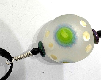 Etched Lampwork Glass Pendant with Murrini & Black Swarovski Crystals in Sterling Silver Wire