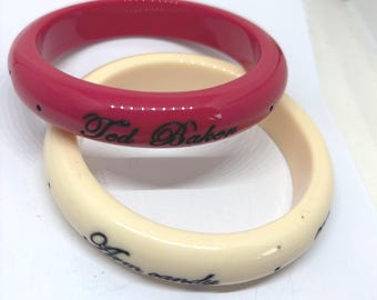 Vintage Ted Baker "Arm Candy" Bangle Set – Pastel Pink and Cream Acrylic Resin Stack, Y2K Retro Designer Statement Bracelets (Set of 2)