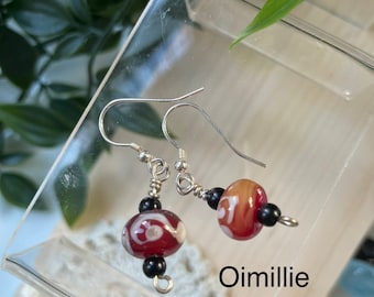 Suzie Lampwork earrings, red & white earrings, semi precious beaded earrings, unique earrings, OOAK, handmade earrings, oimillie SRA MTO