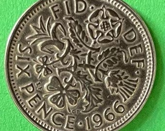 Vintage Polished English Sixpence Coin: Queen Elizabeth II, Lucky Charm