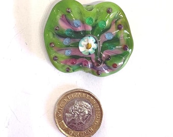 Handmade Lampwork Glass Focal Bead | Green Floral Artisan Glass Bead with Blue & Silver Dots | SRA Jewellery Making Supply