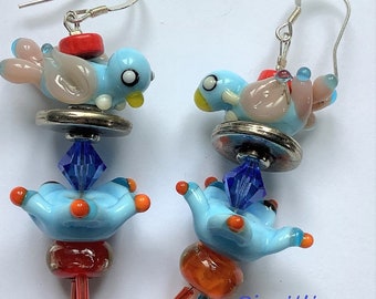 Bird earrings,little birds, bright earrings, blue earrings, pastels, swarovski crystals, OOAK, all handmade,  lampwork glass, SRA UK made