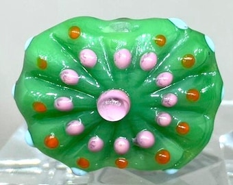 Handmade Lampwork Glass Focal Bead | Green Floral Artisan Glass Bead with Pink & Amber Dots | SRA Jewellery Making Supply