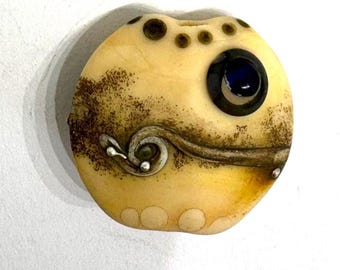 30mm Artisan Lampwork Focal Bead – Silvered Ivory Lentil with Raised Fine Silver Wire & Foil