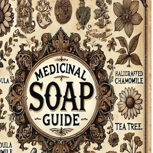 Op de afbeelding: Een vintage-stijl gids voor het maken van medicinale zeep, met illustraties van kruiden en bloemen, waaronder calendula, kamille en theeboom. De gids is getiteld "Medicinal Soap Guide" en is van Atelier Treya.