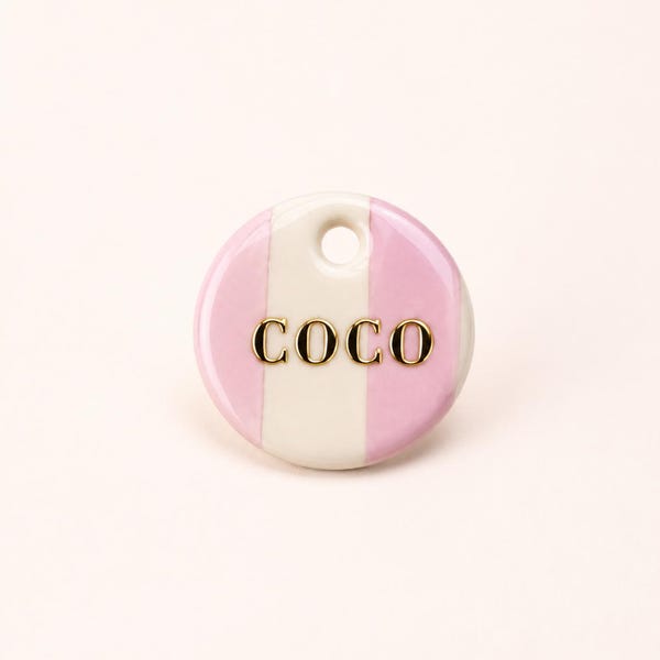 Personalised Pink Stripe Polymer Clay Dog Tag: Pet ID Resin Keychain Small-Large