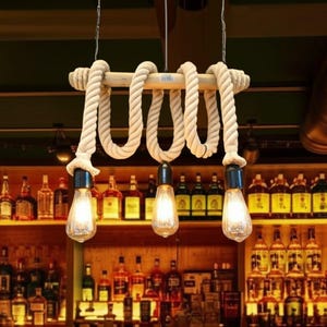 Rustic rope bamboo chandelier, farmhouse lamp, barn chandelier, country house decoration, rope pendant lighting