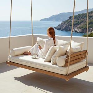 Veranda Schaukel Sofa, Holz und Seil Schaukel Tagesbett, Fichtenholz Sofa, Hängesessel, Decken Hängesofa, Boho Sofa Tagesbett