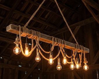 vintage rustic chandelier, rustic rope wood beam chandelier, farmhouse lamp, barn chandelier, country house decoration