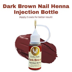 May include: A bottle of Dark Brown Nail Henna Injection. The bottle has a white top with a long applicator and a clear plastic cap. The label reads "CareOne Gallery" and "Dark Brown Injection Bottle". A swatch of dark brown henna is in the background.