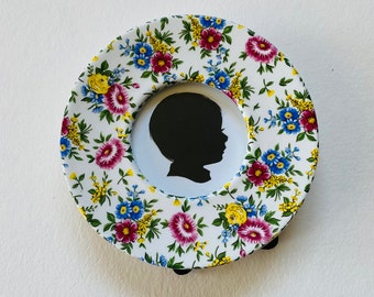 FRAMED Custom Tiny Silhouette in Vintage 2 1/2” x 2 1/2” Porcelain Round Frame  (frame NOT sold separately)