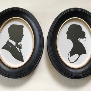 FRAMED Wedding Silhouette Set, Custom Hand Cut, Two Single Subjects Facing Each Other, in Classic Disney Black Oval 5x7&quot; PLASTIC Frames