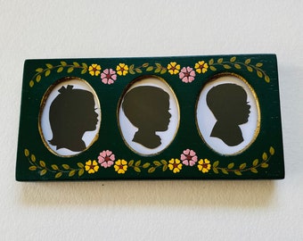FRAMED - Three Custom Silhouettes in a 6 1/2” x 3” Vintage Hand Painted Wood Frame with Flower Details  OOAK  (frame NOT sold separately)