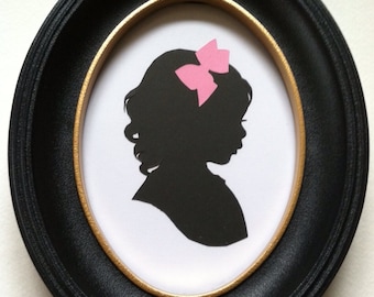 FRAMED Custom Silhouette Portrait: 5x7, Black Silhouette, White Background, with Color Embellishment  / Thick, Quality PLASTIC Frame