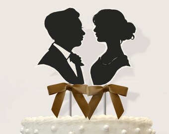 Custom Wedding Cake Topper Silhouette Hand Cut Paper Original Art, Black and White Set.