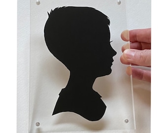 FRAMED Custom Silhouette Portrait: Hand Cut Black Silhouette, floating in Plexiglass 5x7” frame that STANDS ONLY.