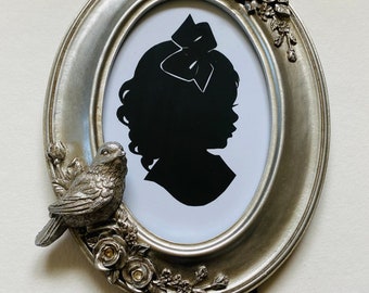 FRAMED Custom Silhouette in Oval Resin Frame 5x7" Silver color detailed with Bird and Flowers (frame NOT sold separately)