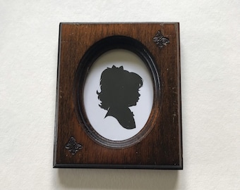 FRAMED Custom Silhouette in Miniature Vintage Solid Wood Frame with Butterflies 5 x5 1/2"  (frame NOT sold separately)