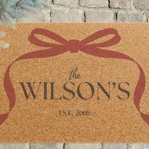 Custom Family Name Doormat with Red Bow, Personalized Holiday Welcome Mat, Christmas Coir Doormat, Family Xmas Decor, Outdoor Holiday Mat