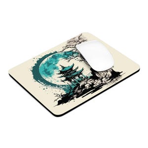 Kleines Gaming Mauspad mit Japanischem Haus und Mond Landschaft, 9 "× 7", Ästhetisches Design, Wohnkultur, Süßes Schreibtisch Accessoire, Ideales Büro Geschenk