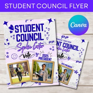 Puede incluir: Dos folletos con fondo morado claro, con el texto "STUDENT COUNCIL" y "Sophie Carter". Los folletos incluyen fotos de una persona y el texto "Vote!! 2025 PRESIDENT". El logotipo de Canva está en la esquina superior derecha.