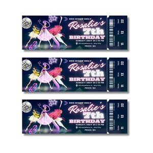 May include: Three dark blue event tickets with a design featuring a ballerina and the text "Rosalie's 7th Birthday." Each ticket includes a barcode, seat, row, and gate information. The tickets are for an event on Sunday, May 25 at 10 PM.