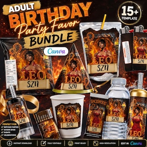 Könnte beinhalten: Ein Geburtstags-Party-Set für Erwachsene im Leo SZN-Design mit Flammenmotiven. Das Set enthält eine Snacktüte, einen Partyhut, einen Beutel, Feuerzeuge, einen Becher, eine Süßigkeitenverpackung, eine Wasserflasche und eine Sprühflasche.