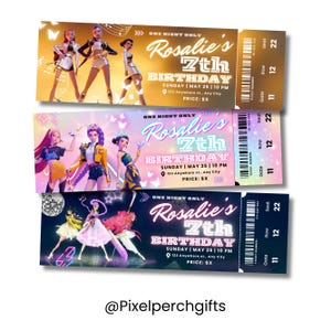 May include: Three colorful birthday tickets with the text "Rosalie's 7th Birthday" and event details. Each ticket features a different group of animated figures. The tickets include a barcode and ticket information.