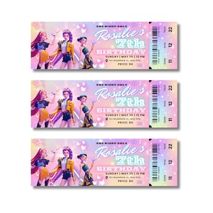 May include: Three tickets with a vibrant design for a birthday party. Each ticket features illustrations of animated characters, the text "Rosalie's 7th Birthday," and event details. The tickets have a pink and purple gradient background.