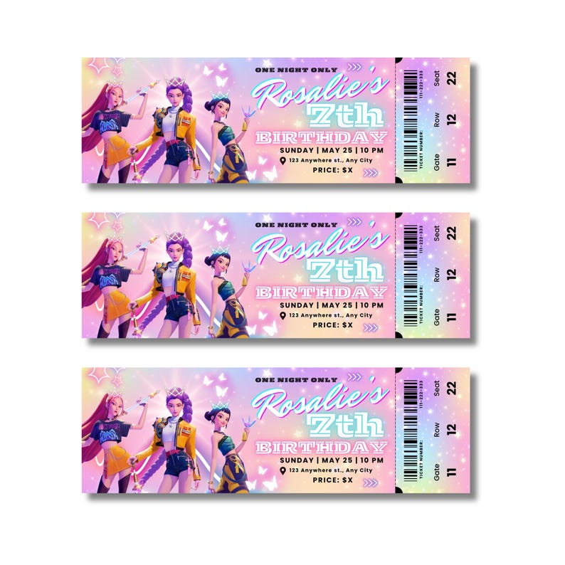 May include: Three tickets with a vibrant design for a birthday party. Each ticket features illustrations of animated characters, the text "Rosalie's 7th Birthday," and event details. The tickets have a pink and purple gradient background.