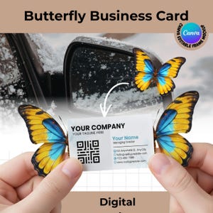 May include: A business card with a butterfly design. The card features a QR code and contact information. The words "Butterfly Business Card" and "Digital" are displayed. The image includes a butterfly and a car mirror.