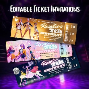 以下が含まれることがあります： 「EDITABLE TICKET INVITATIONS」のテキストが入った、3つのカラフルなチケット招待状。各チケットはイベントの詳細が記載された「Rosalie's 7th Birthday」用です。チケットには様式化された人物のイラストが描かれています。