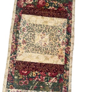 Handmade Quilted Table Runner Floral Patchwork Burgundy Green 24x11.5 Runner