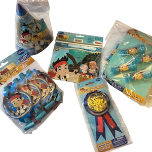 May include: A collection of Disney Jake and the Never Land Pirates party supplies including a pack of blue cone hats, a pack of party blowouts, a loot bag set, a pack of toy telescopes, and a single award ribbon, all in original packaging.