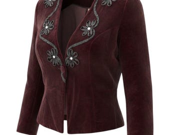 Magic California Velvet Blazer Womens Medium Burgundy Floral Applique Rhinestone