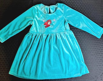 Vintage 1990s Disney The Little Mermaid Dress • 3T • Blue Velour Ariel Dress •Embroidered • Mermaidcore