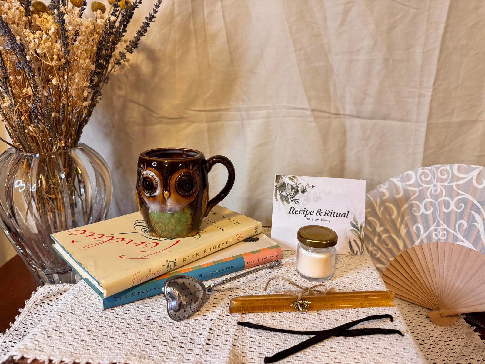 Vintage Owl Mug Gift Set | Slow Living Tea Ritual Box | Cottagecore Coffee & Tea Kit | Cozy Ritu
