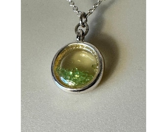 Vintage LC Pendant Necklace Silver Green Floating Crystal Shaker Circle