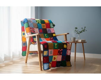 Vintage Handmade Granny Square Crochet Afghan Blanket Multicolor 40" Retro Boho