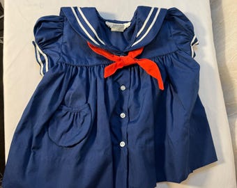 Vestido de marinheiro I. Magnin para meninas, azul marinho, estilo náutico vintage, com laço, modelo Rachel.