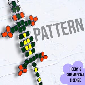 May include: A colorful, beaded lizard pendant with green, orange, and yellow accents. The lizard design is made of small, rectangular beads strung together with a silver chain. The word "PATTERN" is printed in gray, and the text "HOBBY & COMMERCIAL LICENSE" is in a purple bubble.